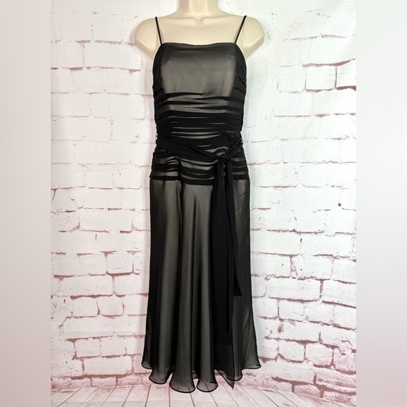 BELSOIE 4 Black Chiffon Sheer Panels Overlay Midi Evening Cocktail Dress Size 4 - Picture 12 of 15